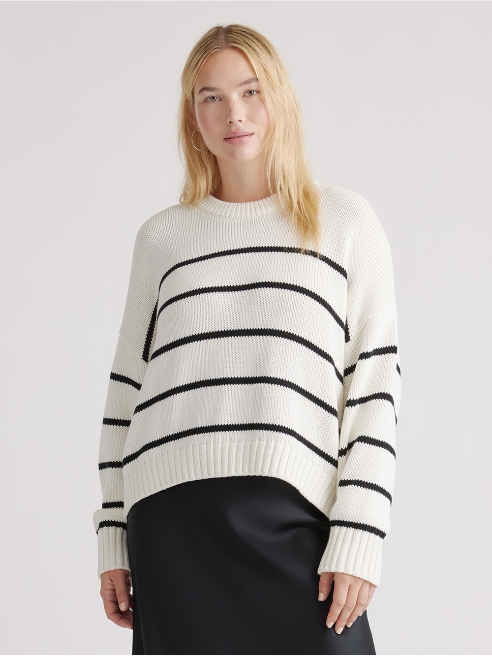Quince Organic Cotton Striped Crew Sweater Ivory Black M